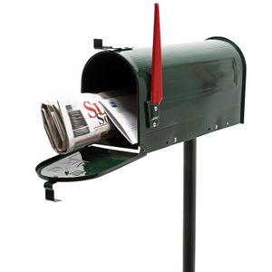 Wiltec Set US Mailbox zelená 180 x 220 x 480 mm, americká poštová schránka s vlajkou, stojaca poštová schránka oceľová americký dizajn s príslušným stojanom