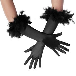 Lange Satin-Handschuhe mit Federn - schwarz