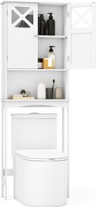 COSTWAY 2-türiges Badezimmerregal mit Schrank, offenem Regal, verstellbarem Regalböden & Bodenstange, WC-Regal Waschmaschinenregal Weiß