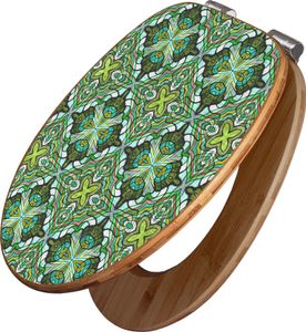 banjado Design WC Sitz Bambus Absenkautomatik -Grünes Muster - Toilettendeckel mit Absenkautomatik Holz/hochwertiger Bambus Klodeckel/WC-Sitz für alle gängigen Toiletten [TDB2 10796]