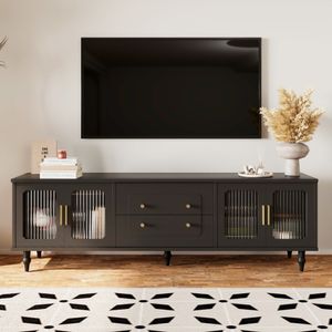 Merax TV-Schrank mit Schubladen und Türen, Lowboard mit Glastüren, Fernsehtisch Vintage TV-Board stehend TV Lowboard, 175x38x55,5 cm, Schwarz