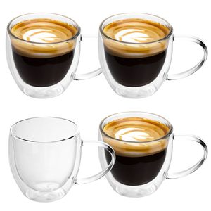 Intirilife 4x Doppelwandiges Thermo Glas Set in 200 - 300ml – Mundgeblasen isoliert für Latte Macchiato, als Teeglas oder Kaffeeglas mit Henkel