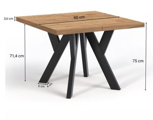Quadratischer Ausziehbarer Tisch für Esszimmer, NERO, Loft-Stil, Skandinavisch, 90 / 190 cm, Farbe: Eiche Wotan / Schwarz
