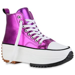 VAN HILL Damen Plateau Sneaker Metallic Schnürer Profil-Sohle Schuhe 840558, Farbe: Fuchsia Metallic, Größe: 40
