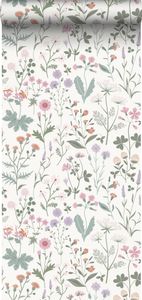 ESTAhome tapeta Poľné kvety zelená, terakotová a ružová - 139482 - 0,53 x 10,05 m