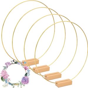 4 Stück 30cm Gold Metallring Hochzeit Tafelaufsätze Metall Makramee Ringe Drahtringe Metallring zum Basteln mit 4 Stück Holz Kartenhalter für DIY Hochzeit Tischdekoration Weihnachtskranz Deko