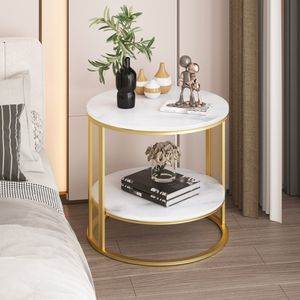 WISFOR Beistelltisch mit goldenem Metallgestell, Couchtisch Marmor Optik, Sofatisch Nachttisch mit 2 Ablagen, Telefontisch Blumentisch, 55 x 50.5 cm