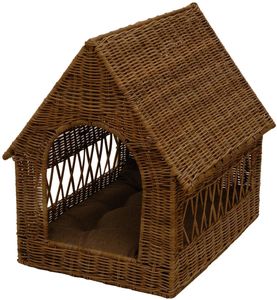 KRINES HOME Katzen-Haus / Hunde-Bett aus echtem Rattan Hundekorb mit Dach, Korb inklusive Polster