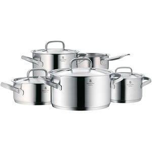 WMF Gourmet Plus Topfset Induktion 5-teilig, Kochtopf Set mit Metalldeckel, Cromargan Edelstahl mattiert, Töpfe Set unbeschichtet, Innenskalierung