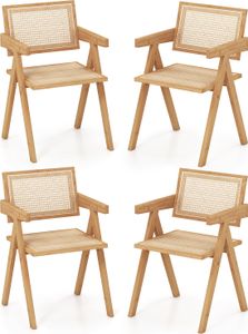 COSTWAY zestaw 4 krzeseł do jadalni, krzesło kuchenne z podłokietnikami i oparciem, krzesło akcentujące wykonane z bambusa w rattanie, wysokość siedziska 45 cm i obciążenie do 150 kg naturalne