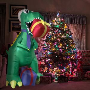 UISEBRT XXL Aufblasbarer Dinosaurier hält Geschenkbox 180cm mit LED Beleuchtung Weihnachtsdekoration Weihnachtsdeko  Gebläse Witterungsbeständig Garten