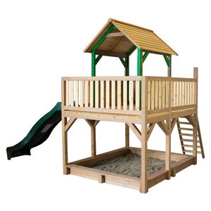 AXI Spielhaus Atka mit Sandkasten & grüner Rutsche | Stelzenhaus in Braun & Grün aus  Holz für Kinder | Spielturm mit Wellenrutsche für den Garten