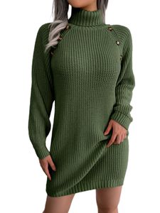 Damen Longpullover Herbst Langarm Minikleider Lustiges Sweatkleid Gürtel komfortabel, Farbe: Armeegrün, Größe: L