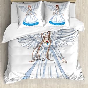 ABAKUHAUS Anime Bettbezug, Cartoon mit Angel Wings, Milbensicher Allergiker geeignet mit Kissenbezügen, 200 cm x 200 cm - 80 x 80 cm, Weiß Blau