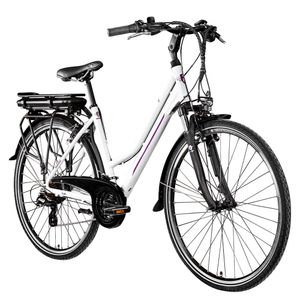 Zündapp Z802 E Bike Trekkingrad Damen ab 155 cm mit Nabenmotor Pedelec Trekking Fahrrad mit 21 Gang und Beleuchtung StVZO, Farbe:weiß/lila, Rahmengröße:48 cm