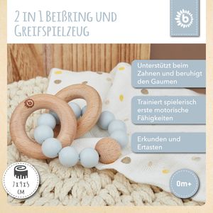 Bieco Beißring Baby mit Silikon Perlen Blau, 7 cm | ab 0 Monate | Zahnungshilfe Baby | Baby Greifling Holz & Silikon | Beissring Für Baby Zum Zahnen | Motorikspielzeug Baby | Beißring Silikon Baby