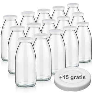 Milchflaschen 0,25L Smoothie Saft Flaschen 250ml leere Glasflaschen Deckel BPA frei, 15 Milchflaschen mit 30 Deckeln