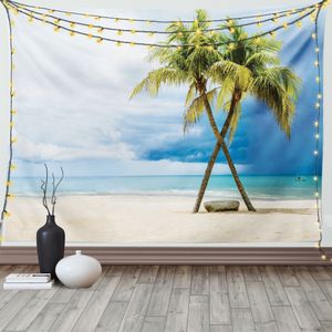 ABAKUHAUS Hawaii Wandteppich, Strand-Palme-Felsen, Wohnzimmer Schlafzimmer Heim Seidiges Satin Wandteppich, 200 x 150 cm, Grün Blau