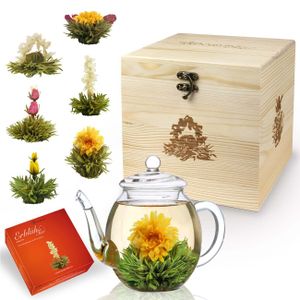Creano Teeblumen-Mix Geschenkset mit 500ml Teekanne in edler Holzbox mit 6 verschiedenen Sorten ErblühTee (Weißer Tee)