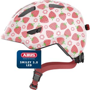 ABUS Kinderhelm Smiley 3.0 LED - Fahrradhelm mit Licht - tiefe Passform & Platz für einen Zopf - für Mädchen und Jungs - Rosa mit Erdbeer-Muster, Größe M