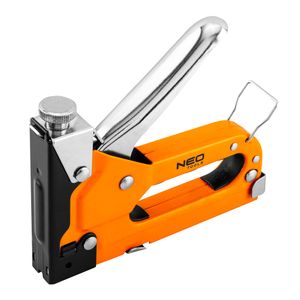 NEO TOOLS Möbelhefter, Handtacker, Werkzeugtacker multifunktional, 3 in 1, 4-14 mm, für Heftklammern Typ G, L, E, Aluminiumkörper, profilierter Griff mit Kunststoff überzogen