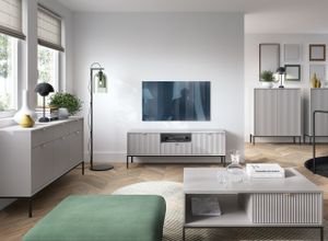 GRAINGOLD Wohnzimmer-Set Amber- 4 teiliges Komplett - TV-Schrank, Hohe Kommode, Kleine Kommode, Couchtisch - Hellgrau