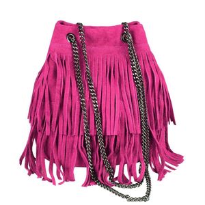 Italy Damen Leder Tasche Fransen Shopper Kettentasche Beutel Wildleder Handtasche Umhängetasche Bucket Bag Schultertasche Ledertasche Pink