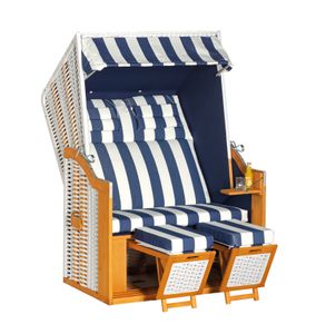 Rustikal Strandkorb 34 Z 2-Sitzer Halblieger Ostseeform zum Selbstaufbau , Geflecht weiß, Strukturpolyester blau-weiß gestreift, Pinienholz teakfarben gebürstet, ca. 125x80x160 cm