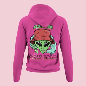 Damen Hoodie Kapuzenpullover 420 Alien Stay Calm Smoke Weed Kiffer Gras Hiphop