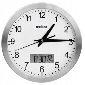 Moderne Wanduhr – Wetteruhr mit geräuschlosem Uhrwerk – Bürouhr mit Temperaturanzeige – Silber/Weiß – Digital & Analog – 24 cm