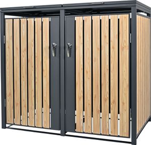 ML-Design 2-košový box na 2 koše 240L 132x80x116,3 cm antracitový vzhľad smrekovca, oceľ, odolný voči poveternostným vplyvom/uzamykateľný