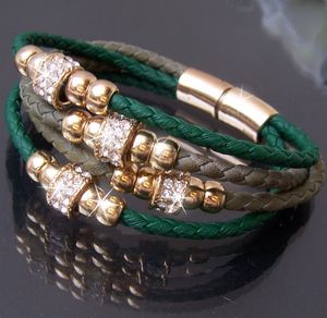 A2865A# Armband Leder-look grün-olive Gold Strass geflochten
