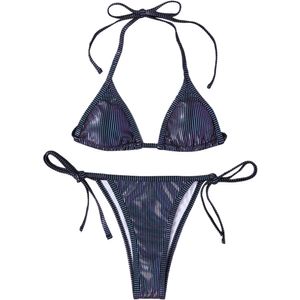 Damen Metallic Neckholder Top Zweiteiliger Badeanzug Triangel-Bikini mit Seitenbindung,Lila,M