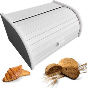 SEVICO Weiß Brotkasten Holz | 40 cm x 27.5 cm x 18.5 cm | Perfekte BrotBox für Brot Brötchen Kuchen | Brotkiste mit Roll-Deckel | A006-009-B