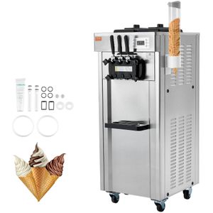 VEVOR Kommerzielle Eismaschine Eiscreme-Maschine 21–31 L/h Freistehende Softeismaschine mit 3 Geschmacksrichtungen, 2 x 4,3 L Edelstahlbehälter, LED-Panel, Automatische Reinigung, Kühlung über Nacht