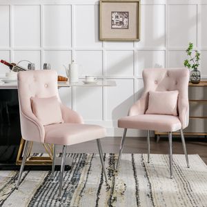 Flieks Čalouněná sada 4 židlí s bederním polštářem, jídelní židle Make-up Chair s kovovými nohami, židle do obývacího pokoje Ložnice, sametová, růžová