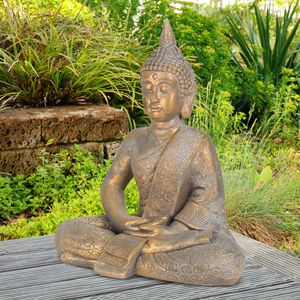 Buddha mit Windlicht kniend für Teelicht 44cm Gartenfigur Deko Skulptur Statue 