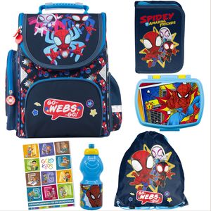 Schulranzen für Jungen und Mädchen, 6er-Set - Schul-Rucksack für Kinder mit Federmäppchen - Schuhbeutel und Hausaufgabenheft - Spiderman Motiv