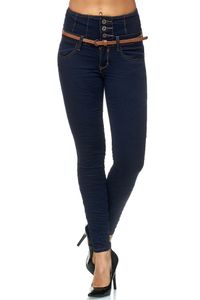 Elara Damen Jeans Skinny High Waist Hose mit Gürtel und Push Up Effekt 1577 Blue-42 (XL)
