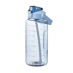 2L Trinkflasche Sportflasche Wasserflasche Getränkeflasche Fitness Trinkflasche mit Strohhalm,mit Zeitmarkierung (Transparentes Blau)