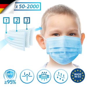Virshields® Kindermasken Medizinisch - 3-lagig, BFE 95%,  EU, DIN EN 14683, 50-2000 STK, Blau - Medizinische Masken, Mundschutz, Gesichtsmasken, Einwegmasken, Schutzmasken für Kinder