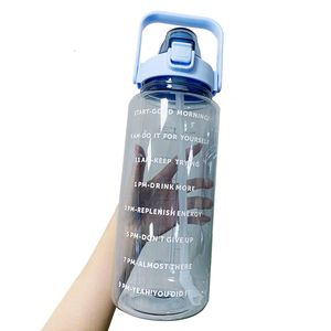 Große Kapazität Sport Trinkflasche mit Klickverschluss Auslaufsicher Wasserflasche, Trinkflasche mit Strohhalm, Wasserflasche mit Zeitmarkierun, blau, 2000 ML