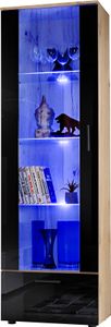 Komodee, Vitrine Schrank Alessandria, Wotan/Schwarz, Breite 60cm x Höhe 192cm x Tiefe 42cm, 3 Glasböden, 1 Regal aus laminierter Platte, für Wohnzimmer, Schlafzimmer, LED Blau