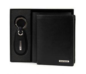 bruno banani Leder Geldbörse Schlüsselanhänger Gift Set Slim Wallet / Keychain Black Black schwarz