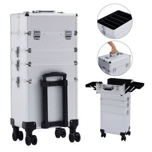 Kosmetický kufřík AREBOS 4 v 1, 4 přihrádky a 1 zásuvka, teleskopická a přenosná rukojeť, 8 zámků, 4× 360° kolečka, sametová podšívka, stříbrný vozík