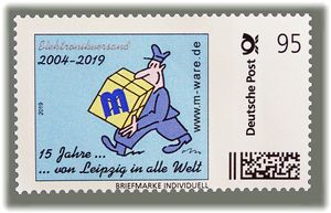 95ct. '15 Jahre Briefträger blau', Cartoon-Briefmarke '... von Leipzig in alle Welt'. ID20323