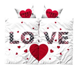 4 teilige Partner Bettwäsche 135x200 / 155x220 cm Microfaser Bettbezüge Set, Farbe:Love weiß / rot, Größe:135 x 200 cm