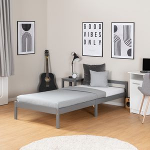 Homestyle4u 2046, dřevěná postel 90x200, postel pro mládež, jednolůžko s roštovým rámem, šedá, masivní borovicové dřevo