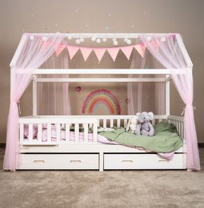 Alavya Home® Betthimmel Hausbett Deko Set mit Baldachin, Wimpel Lichterkette und Kinder-Höhentabelle Rosa