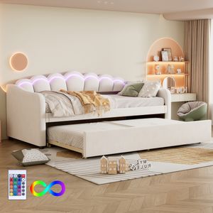 Flieks sofa rozkładana 90x200cm z LED, łóżko tapicerowane młodzieżowe łóżko pojedyncze z wysuwanym łóżkiem 90x190cm, łóżko dzienne łóżko gościnne funkcjonalne łóżko, aksamitny beż